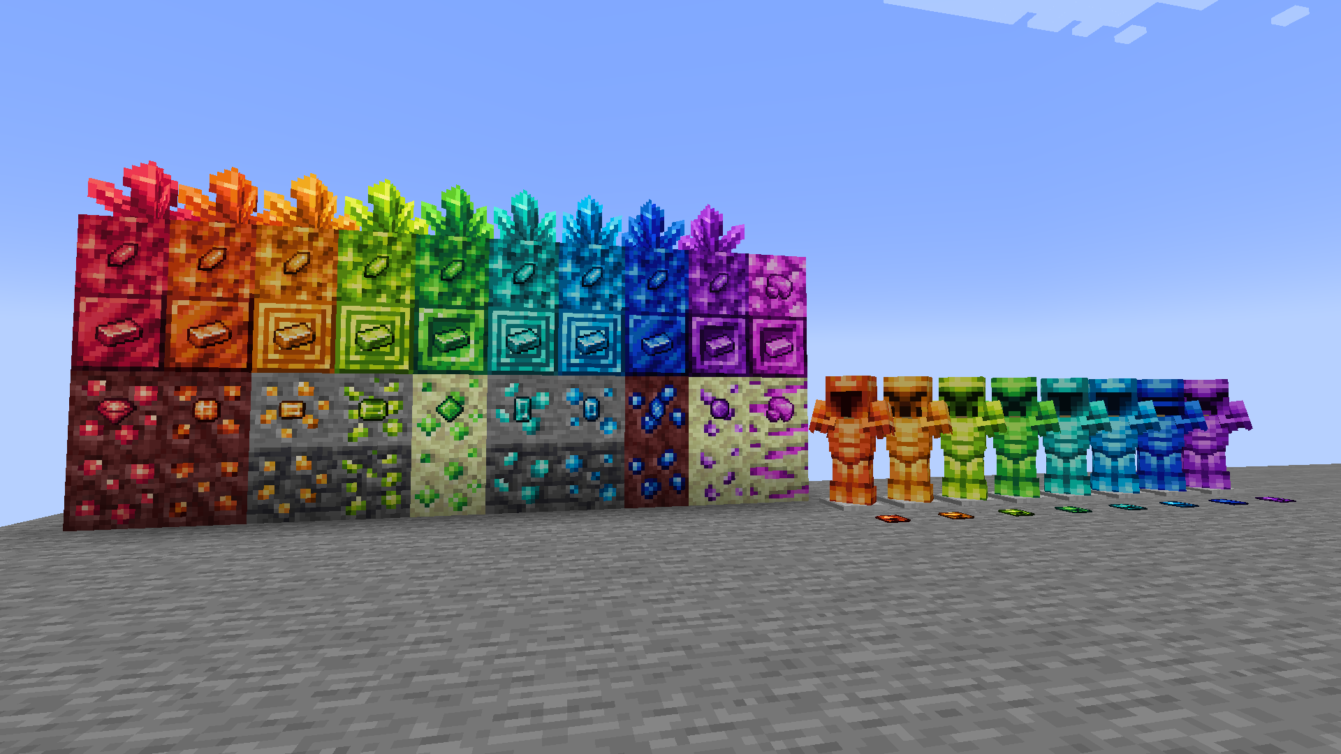 A screenshot of all the armors, all the blocks and some of the items.