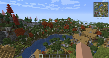 Village, trees and a river