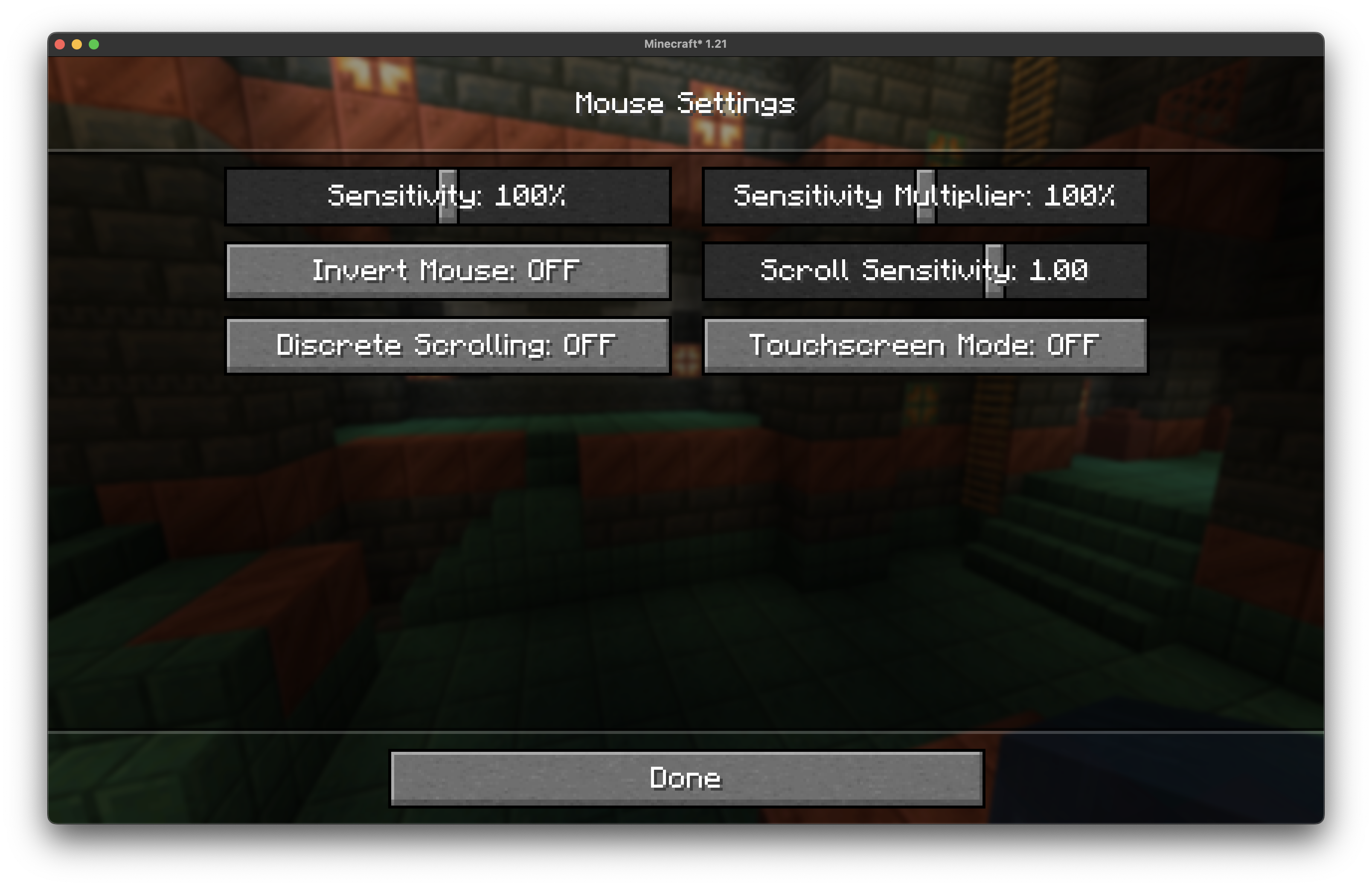 Mouse settings menu