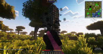 A player destroying a tree with a Block Staff