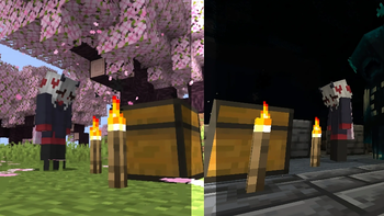 The player on the left finds themselves in a cherry grove, along with a bonus chest. On the right, the player is in a deep dark, also with a bonus chest, but with a rather unpleasant presence...