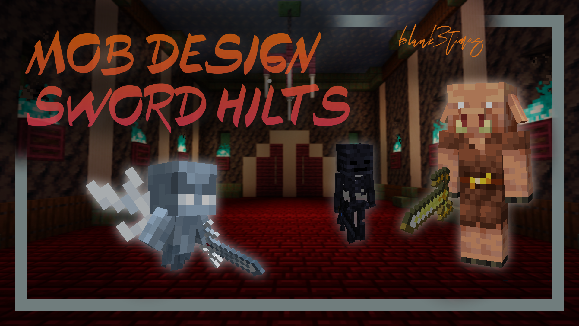 A piglin, a vex, and a wither skeleton, all holding swords with their hilts altered.