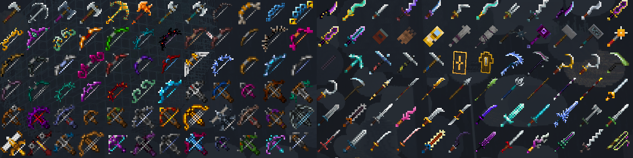 This image shows all of the weapons (and shields) added by MC Dungeons Weapons, totaling 150 items.
