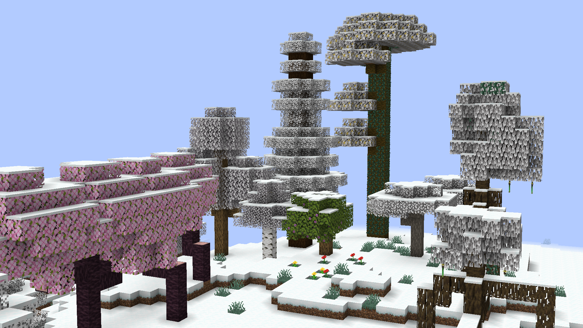 All the Minecraft trees during snowfall, with this mod, minus tha Dark Oak tree since I forgot.