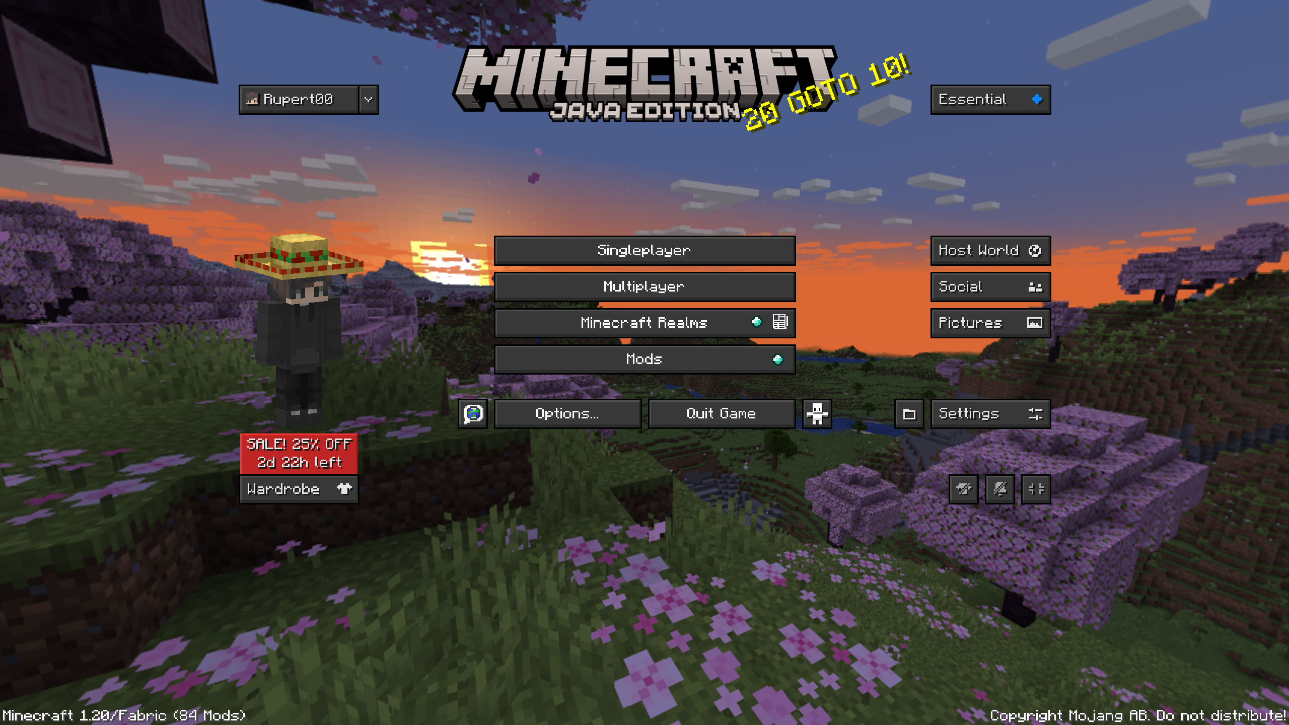 This is how your startmenu in Minecraft 1.20 will look with the Essential mod and the Essential UI texturepack