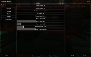 Softbody's settings menu on 1.21.1