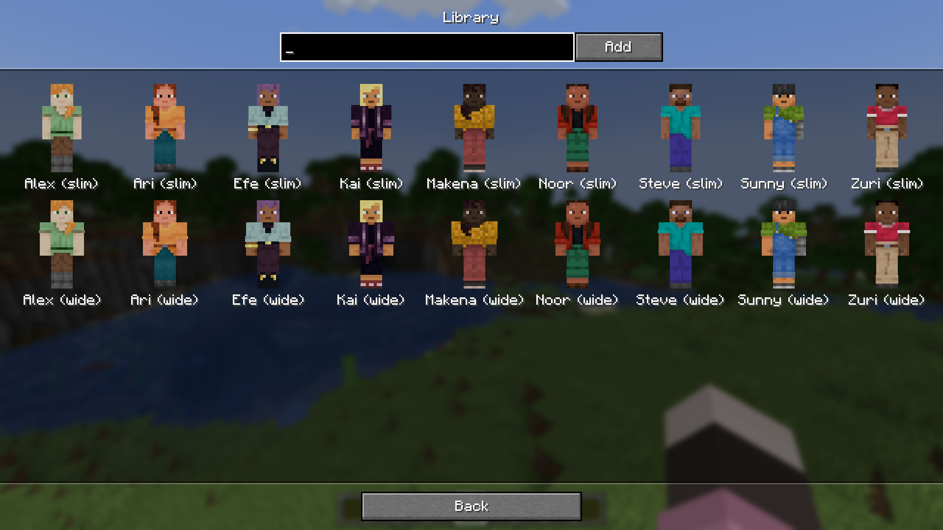 the library screen, listing the 9 default skins in wide and slim variants