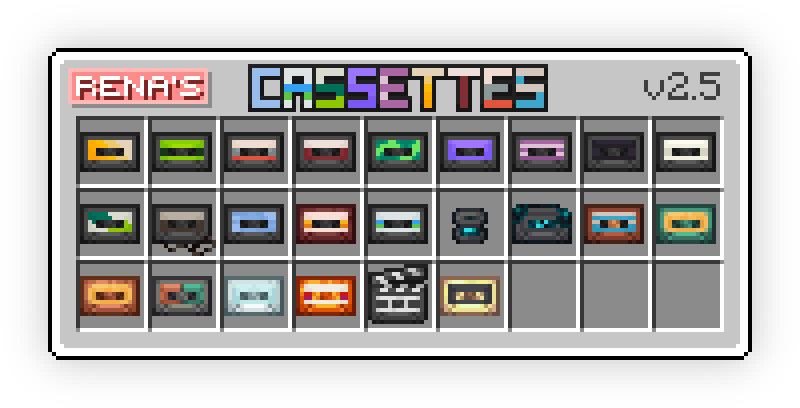Image showcasing various cassettes seen in this pack, replacing the main ones from vanilla Minecraft.
