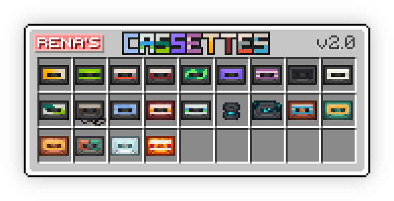 Image showcasing various cassettes seen in this pack, replacing the main ones from vanilla Minecraft.