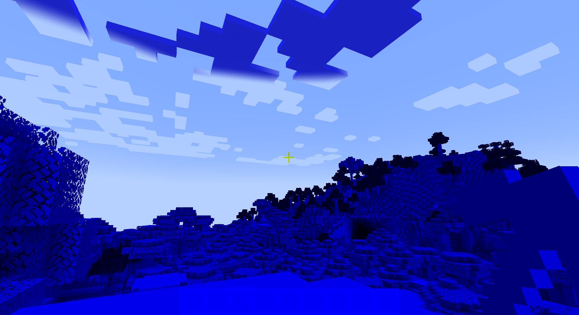 A screenshot of a minecraft world where all blocks, the pickaxe in the hand of the player, the hotbar, and the clouds are blue.