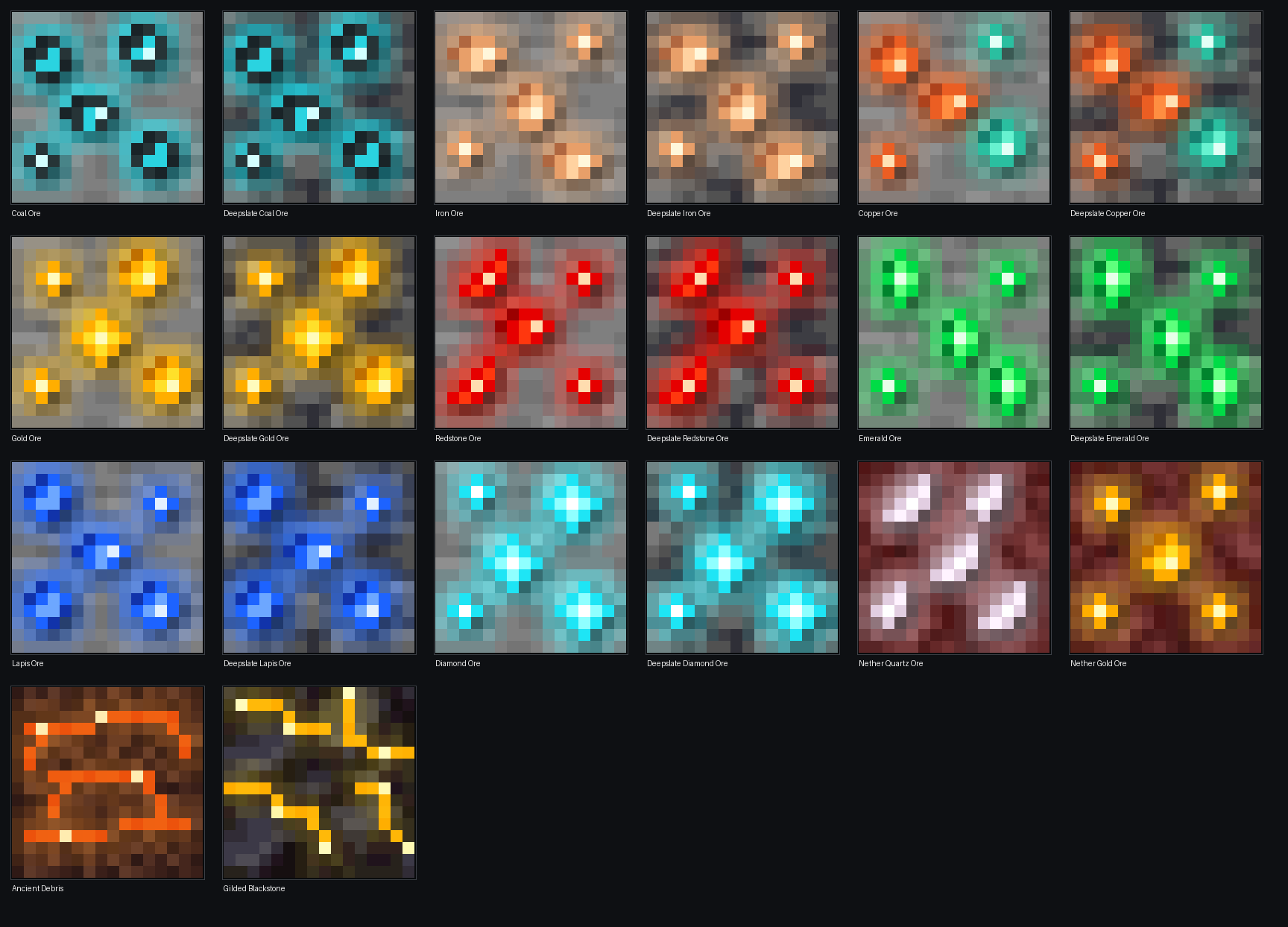 All CaveGlow Ores – 16x Texture Overview