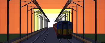 A 455 passing a viaduct at sunset