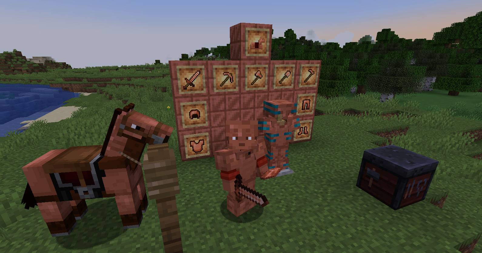A showcase of copper tools, horse armor, as well as trimmed and untrimmed copper armor