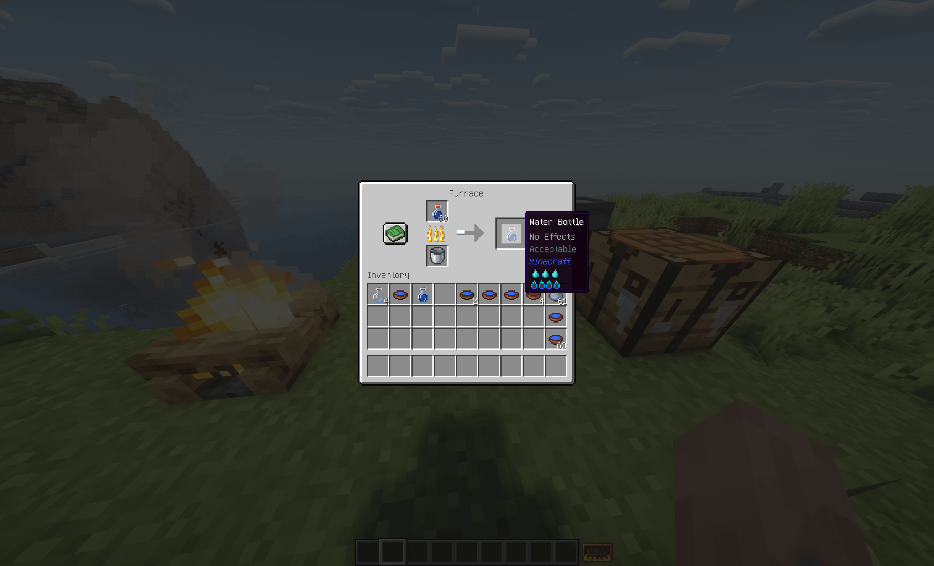 A screenshot showing the Furnace UI open with a water bottle or terracotta water bowl in the input slot, actively being smelted.