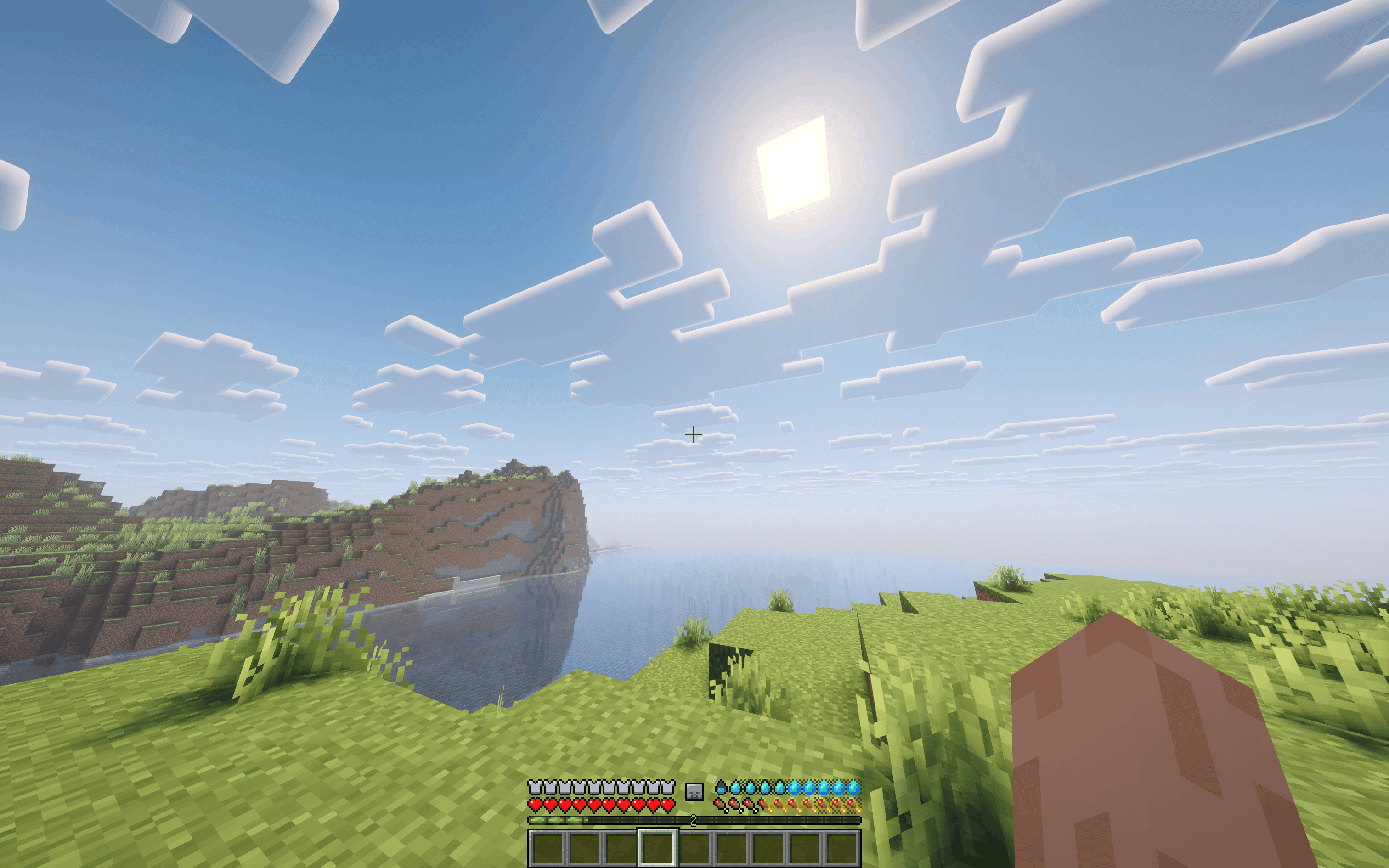 A screenshot showing the blue Thirst droplets HUD overlay positioned next to the hunger bar in-game.