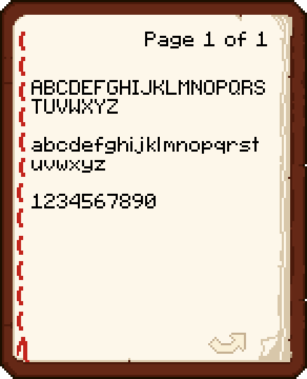 Minecraft book showing uppercase, lowercase and numbers