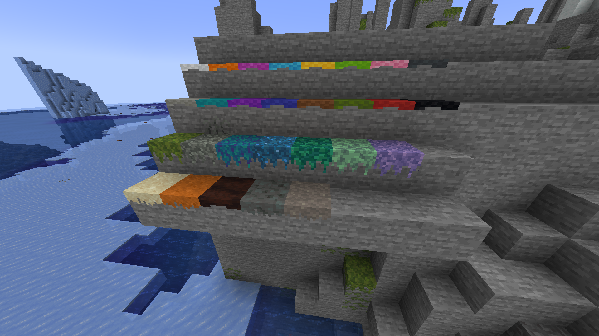 Display of all vanilla carpets and lots of modded moss carpets and dust layer blocks which all have overhangs