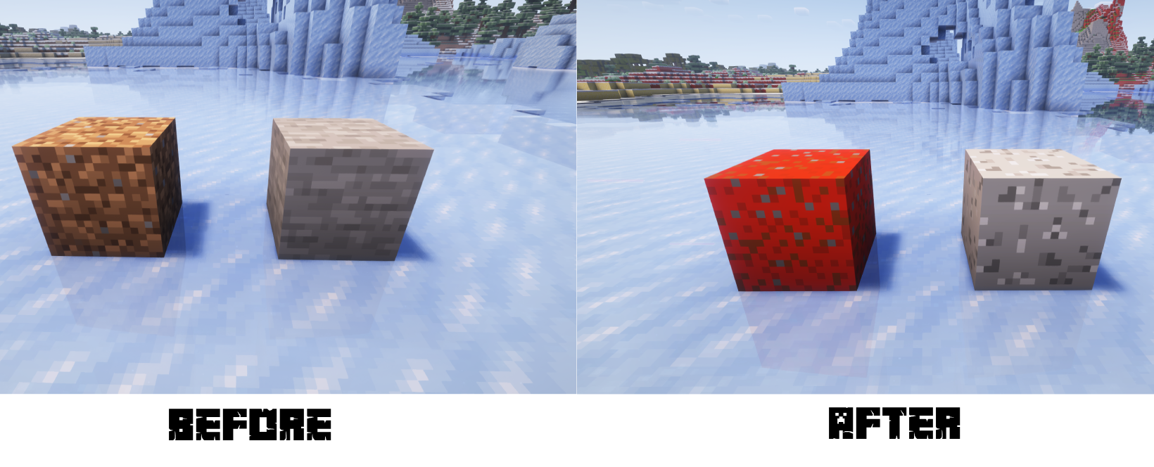 Before and after using the texture pack!