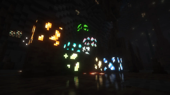 Glowing evolutionary stones inside a dripstone cave with shaders