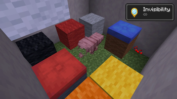 An invisible wolf attacking invisible sulfur cubes with blocks.