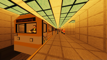 Customized underground train arriving to the station.