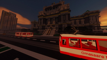 Customized trams at night.