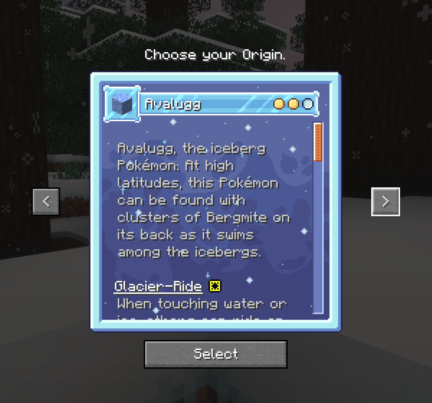 The origns choosing screen with a texture pack that makes most of the buttons appear like ice or an orange/yellow color, with a starry and snowy sky background