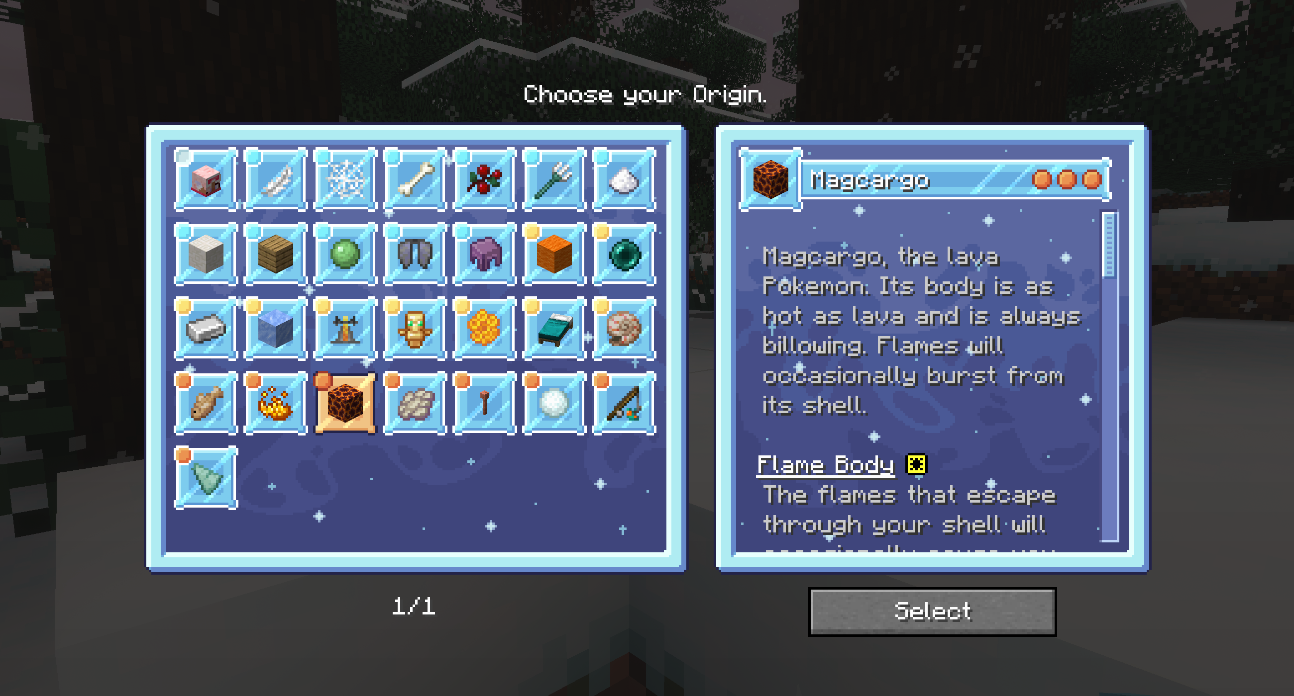 The alternate origns gui choosing screen with a texture pack that makes most of the buttons appear like ice or an orange/yellow color, with a starry and snowy sky background