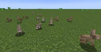 Superflat world with a bunch of rabbits roaming around.