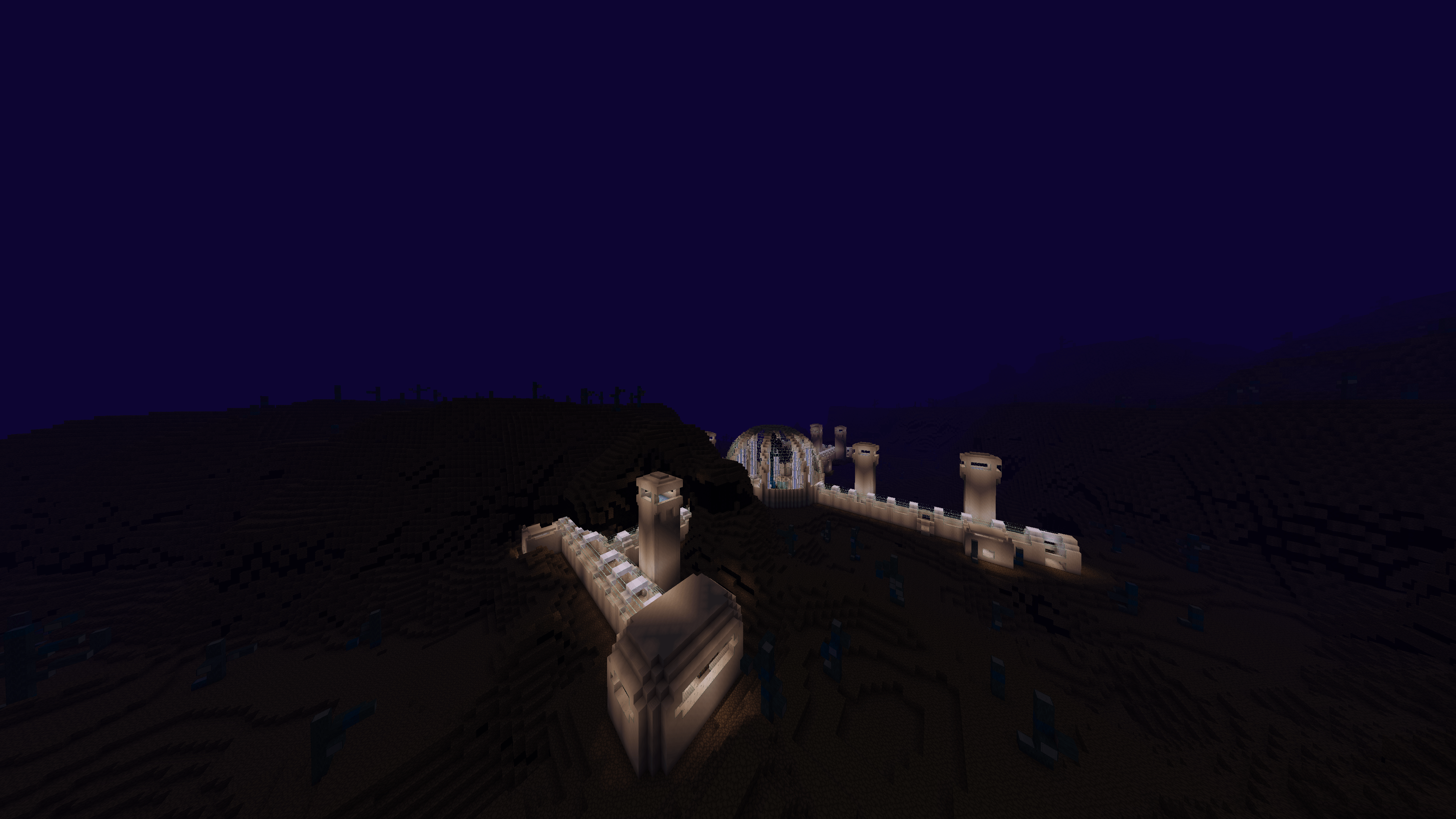 A picture of a mysterious complex in the barren wastes of the Sculk Depths dimension of this modpack.