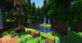 Screenshot of a forest pond with complementary reimagined shaders. Ponds can generate in most biomes.