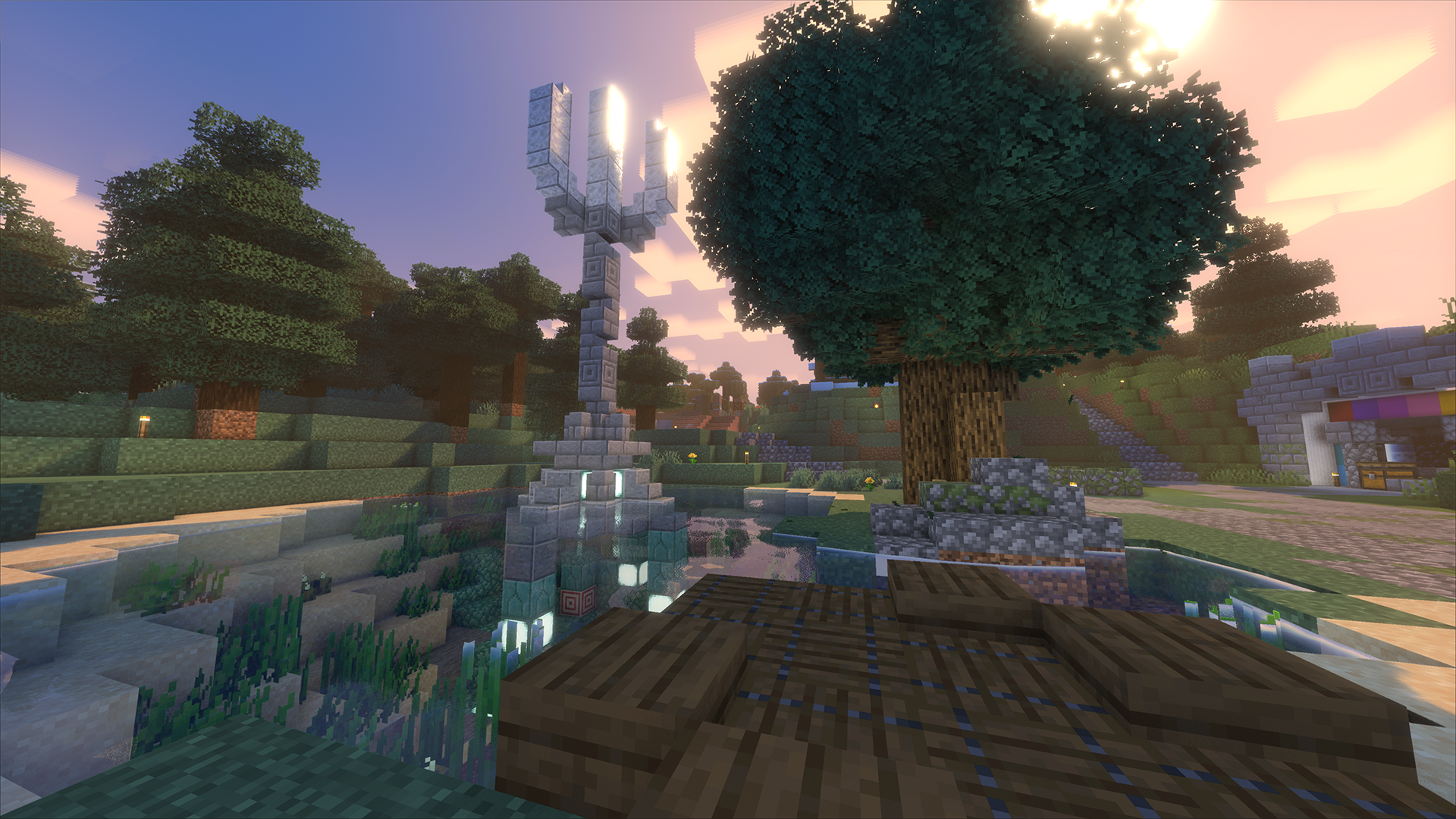 A lake with a giant trident seen with shaders