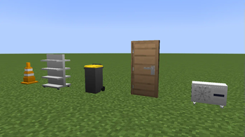 Road cones, shelves, trash containers, doors, cooling fans