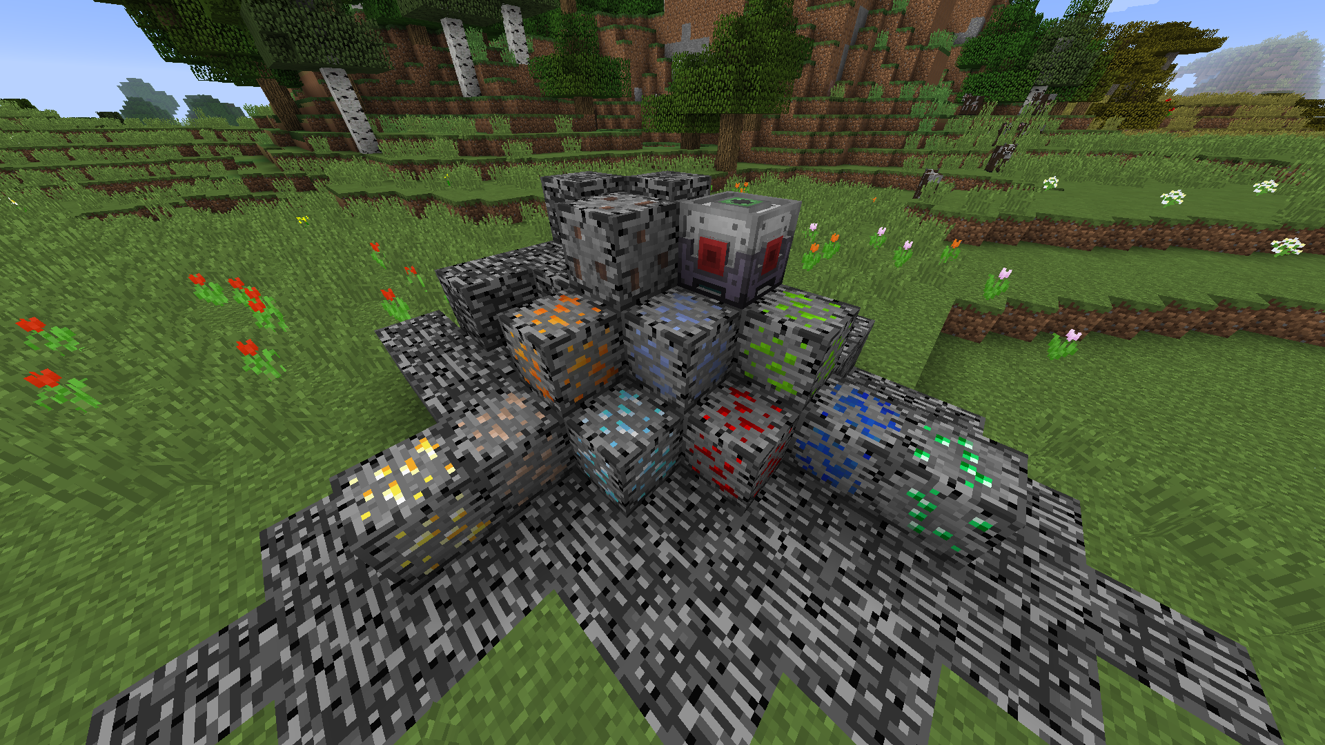 Various ores embedded in bedrock, as well as the bedrock miner.