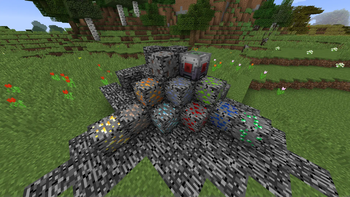 Various ores embedded in bedrock, as well as the bedrock miner.