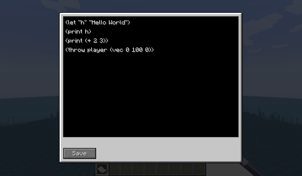 The Neo Codex's spell editor, with the text: (let "h" "Hello World")(print h)(print (+ 2 3))(throw player (vec 0 100 0))