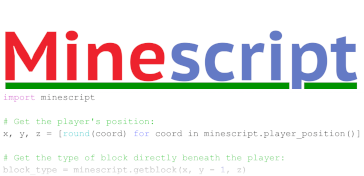 Minescript text logo with code background