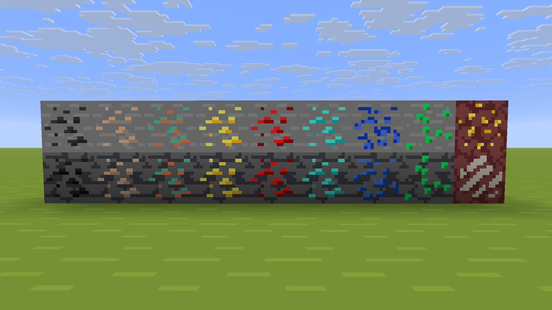 Showcase of all ore design changes on a superflat world. With deepslate variants, and nether gold and quartz