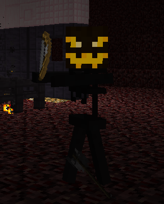 A huntsman, a skeleton with a pumpkin for a head