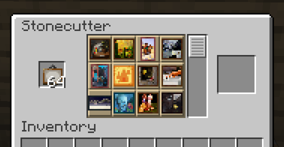 Stonecutter interfact, with a default painting item as the input and many of Minecraft's paintings appearing as the result