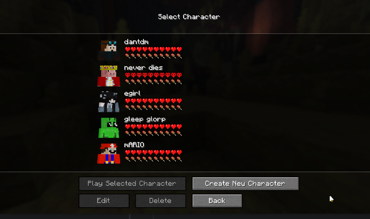 A screen showing a list of Minecraft skins for the player to select as their character.