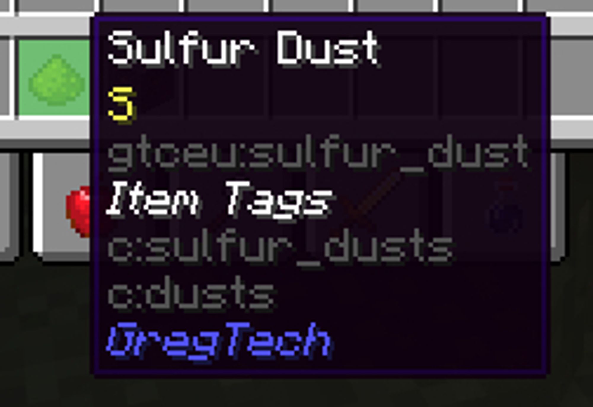Shows a list of item tags in the tooltip for the item "Sulfur Dust". The tags are "c:sulfur_dusts" and "c:dusts", respectively.