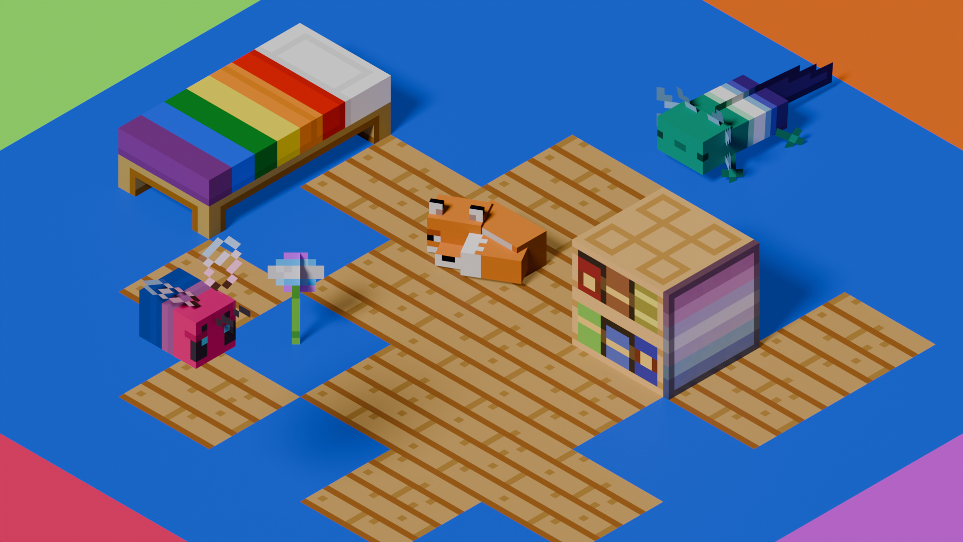 Various Pridepack features sitting on a colourful surface.