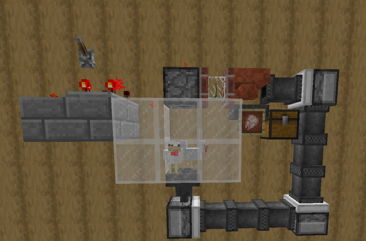 A simple chicken farm, automated with Essentials. Item Shifters with Item Chutes move eggs to the top of the farm, where eggs are sorted out by a Sorting Hopper and Item Filter to be hatched into more chickens. Feathers and chicken go to a chest