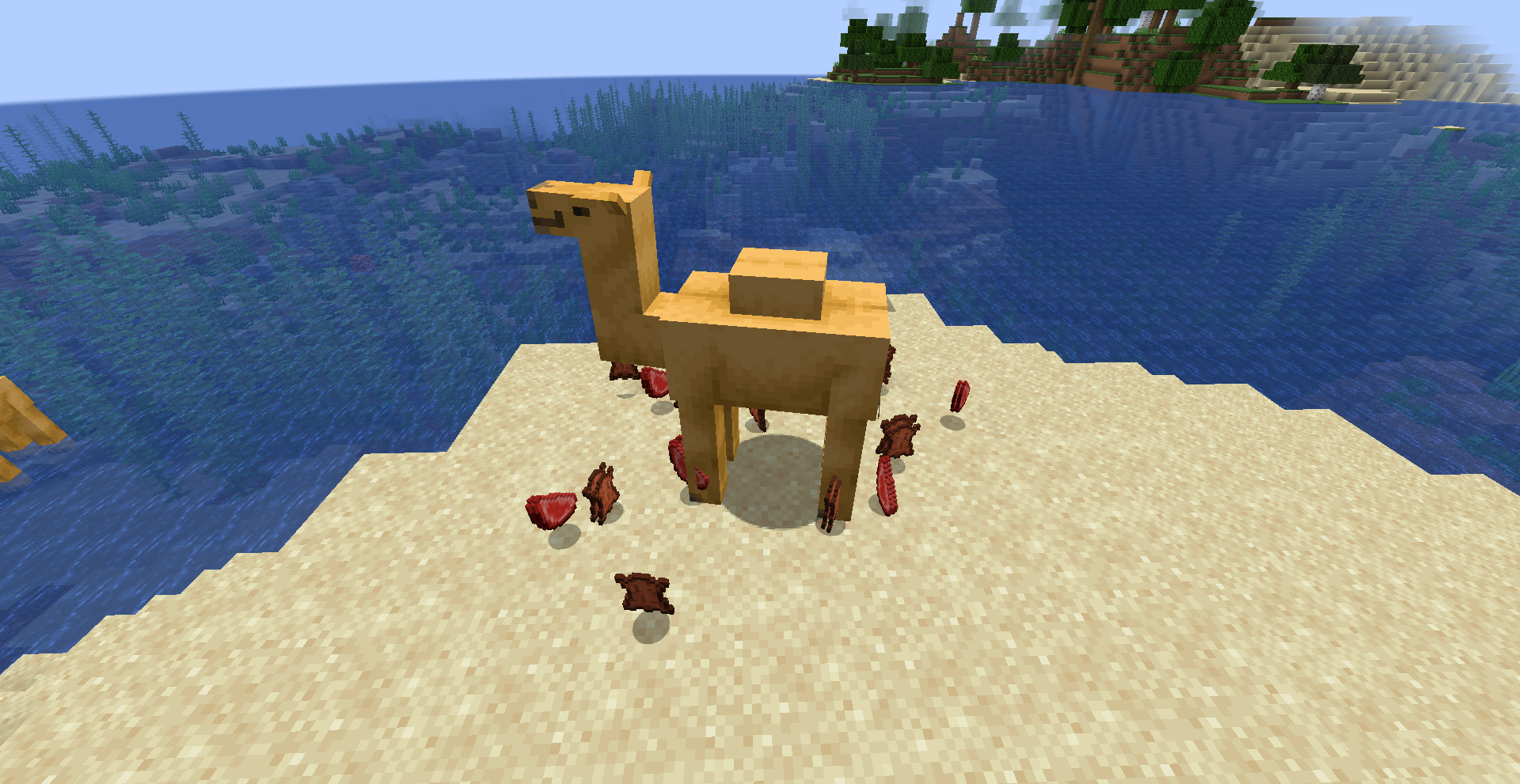 A camel surrounded by camel meat.

