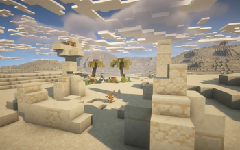 Desert ruins + Lake with palm trees
