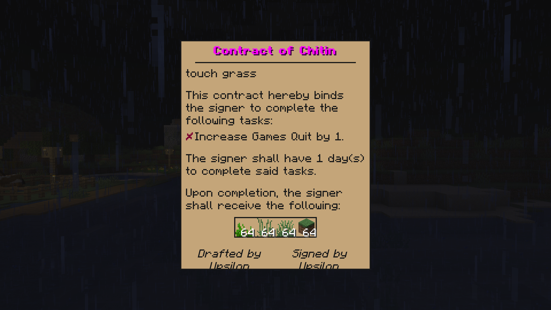 A contract compelling the signer to quit the game within the next day in order to receive grass.