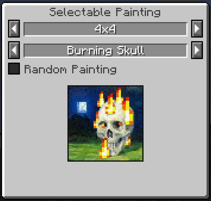 With a right click into the air, you can open a GUI, where you can select the painting size and the painting. If you tick "Random Painting", a random painting with the selected size will be placed.