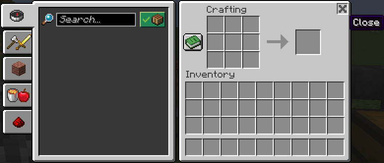 The crafting table gui with the mod while hovering the mouse over the close button
