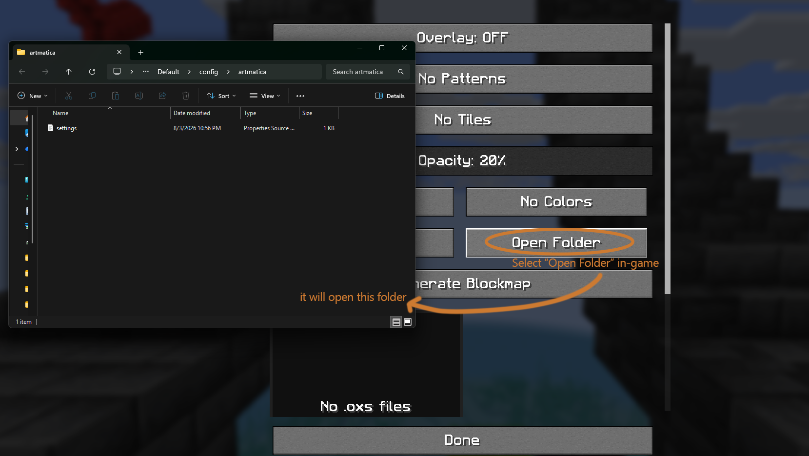 Open /config/artmatica via in-game button
